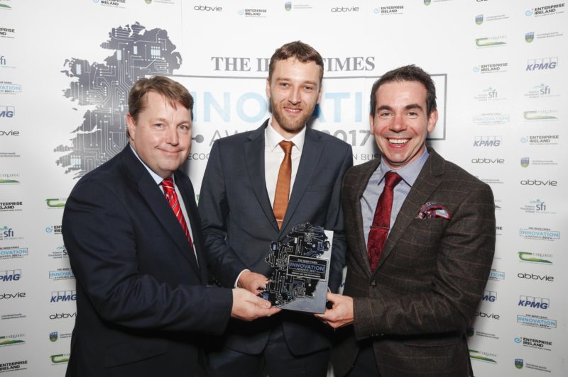 *** NO REPRODUCTION FEE *** 11/10/2017 : DUBLIN : Pictured was Ciarán Hancock, The Irish Times presenting the award for Energy and Environment to Dermot Hughes and Michael Murray from NVP Energy at the Irish Times Innovation Awards 2017 which took place at the Royal Hospital Kilmainham. Picture Conor McCabe Photography.